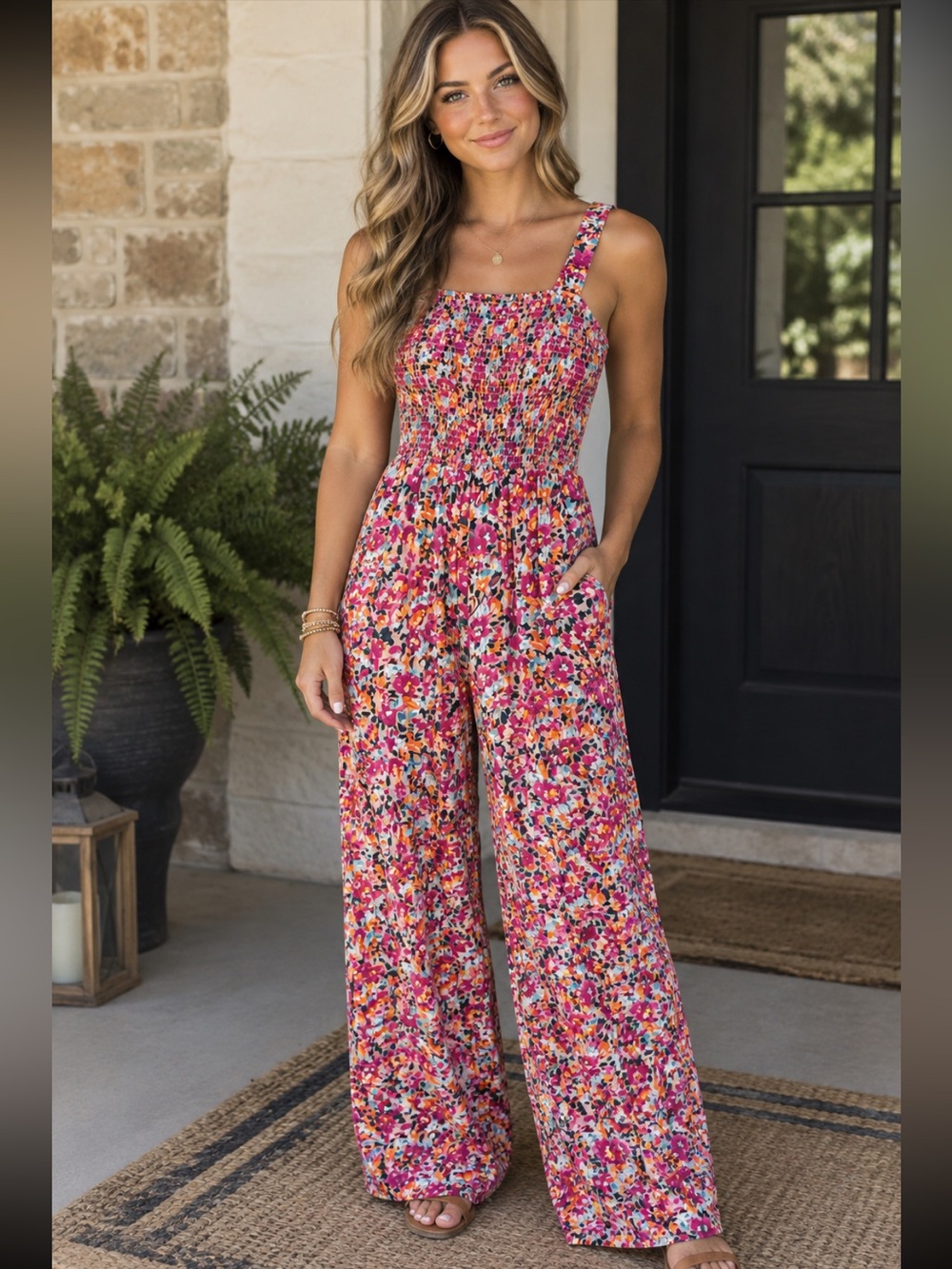 Smocked Floral jumpsuit in Pink